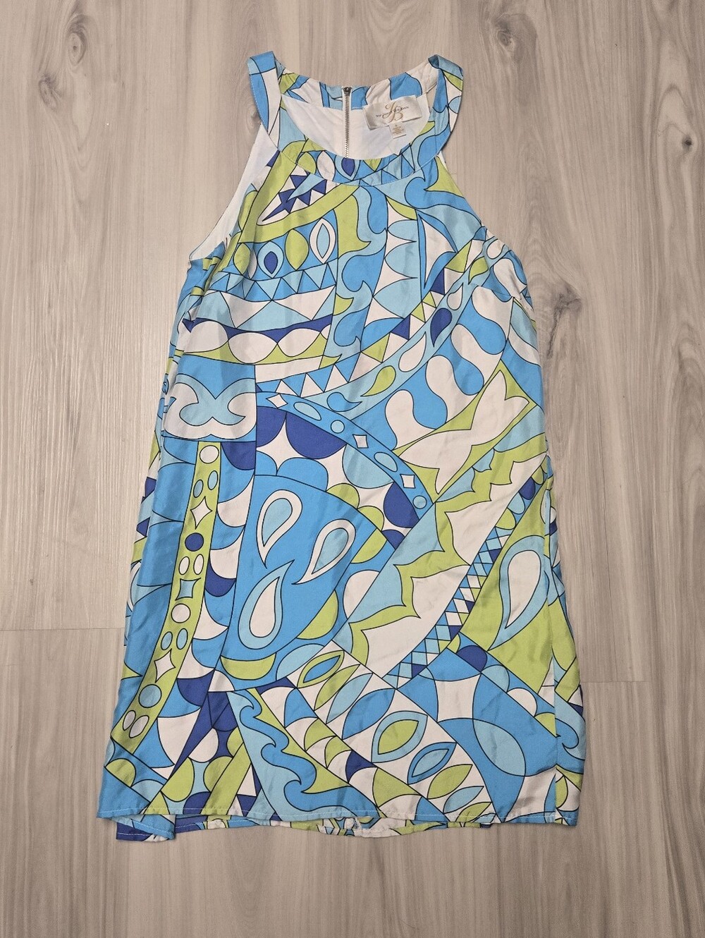 By Julie Brown Silk Geometric Print Halter Shift Dress Size 4 Blue Green Mod Re